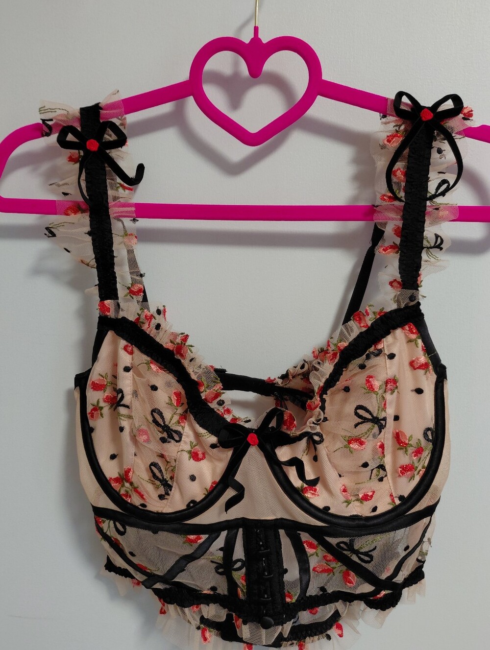 For Love And Lemons Blush Sheer Floral Embroidered Bra with Black Trim